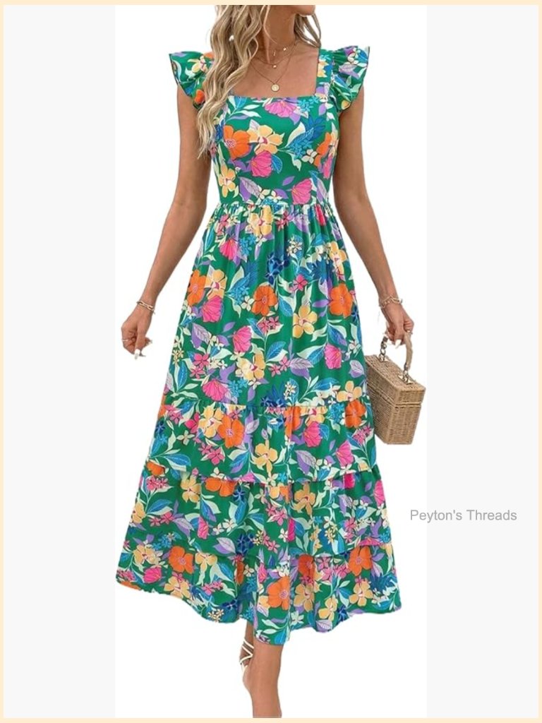 Square Neck Ruffle Short Sleeve Tiered Maxi Dress With Smocked Back